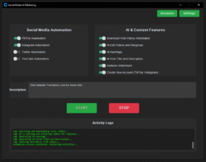 Illustration of a digital marketing dashboard with AI icons, social media logos, and data analytics charts, representing the use of artificial intelligence to optimize social media marketing strategies.