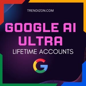 Promotional image displaying "Buy Google AI Ultra Lifetime Account" with the Google logo, emphasizing lifetime access to AI tools like Gemini Ultra and Veo3.